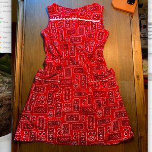 Handmade vintage A-line dress in red bandana print fabric with pockets